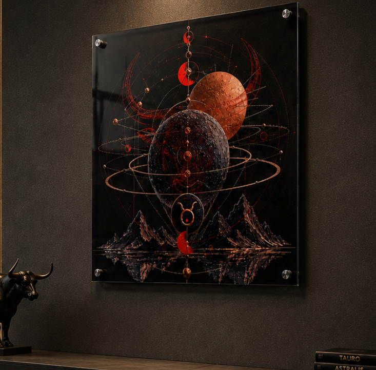Arte mural Conjunción Tauro decorando un espacio elegante con inspiración astronómica y astrológica.