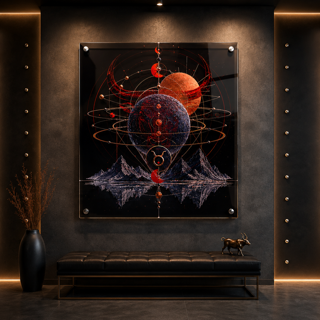 Detalle de planetas, órbitas y geometría cósmica inspirada en la energía zodiacal de Tauro.