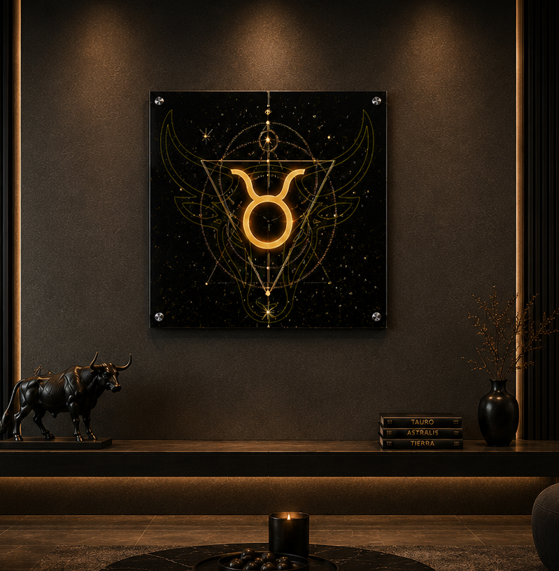 Acrílico Fine Art Infinito Tauro con símbolo zodiacal dorado y geometría sagrada sobre fondo oscuro.