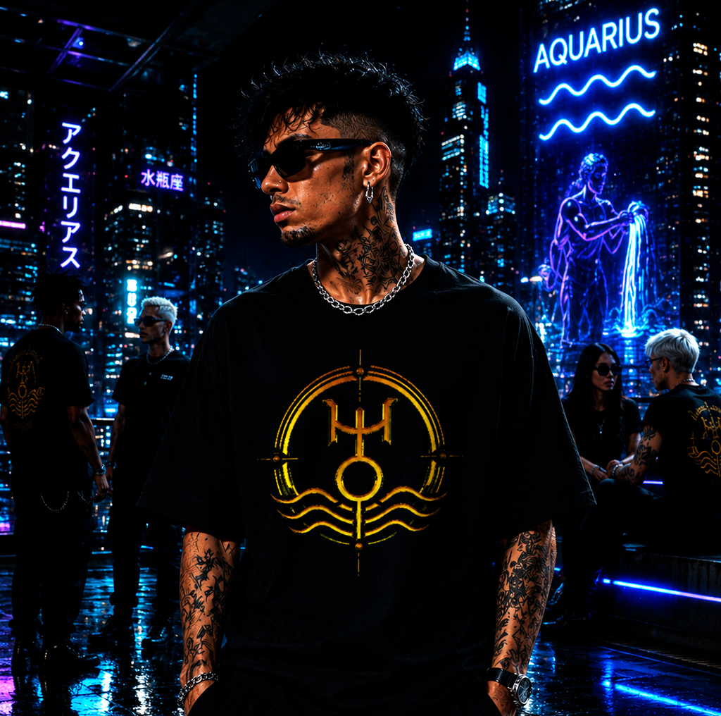 Modelo urbano vistiendo camiseta negra Acuario con diseño astral dorado