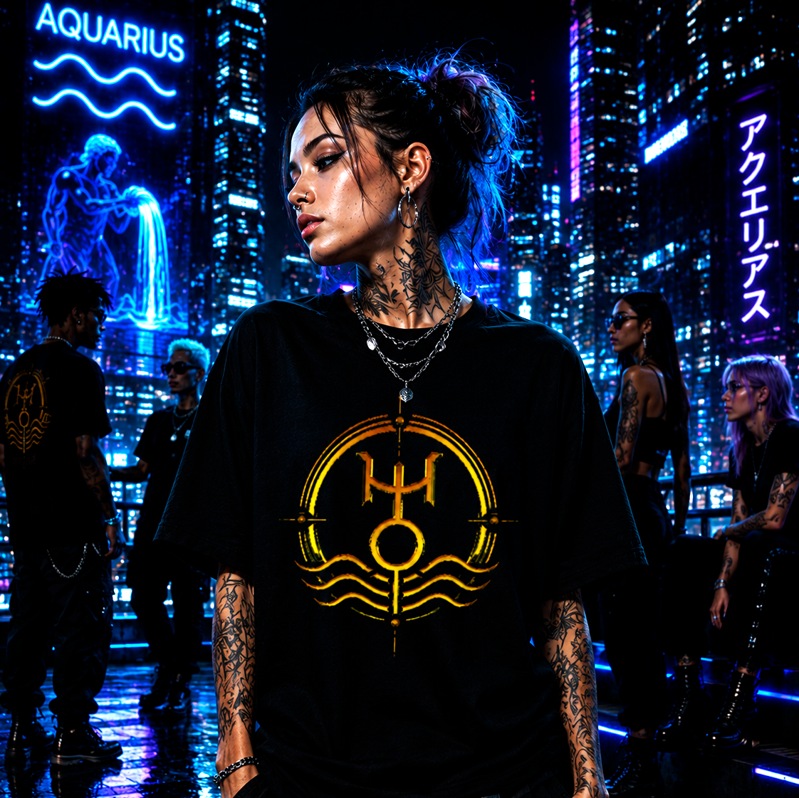 Camiseta negra Acuario con símbolo dorado de Urano y estética cyberpunk urbana