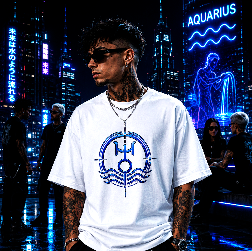Camiseta blanca Acuario con símbolo zodiacal azul y estética futurista urbana