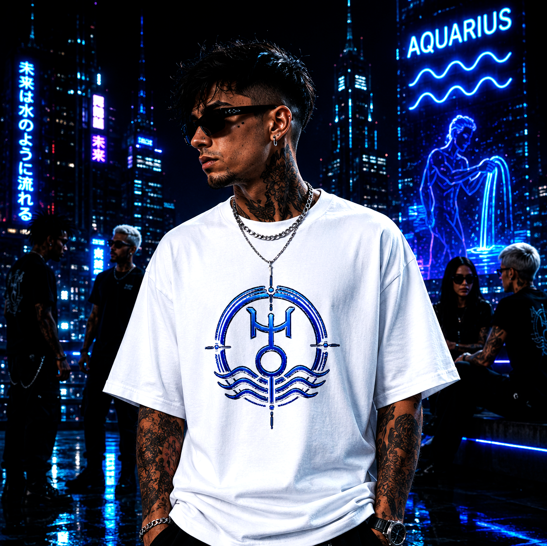 Camiseta blanca Acuario con símbolo zodiacal azul y estética futurista urbana