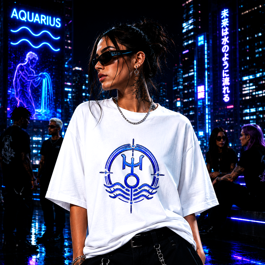 Modelo urbano vistiendo camiseta blanca Acuario con diseño astral contemporáneo
