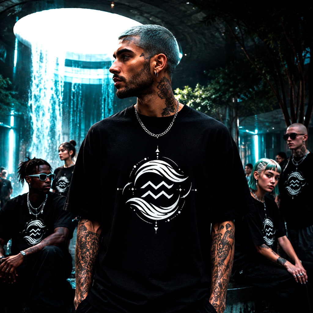 Camiseta negra geométrica Acuario con símbolo zodiacal minimalista blanco