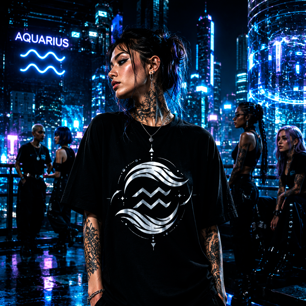 Modelo urbano vistiendo camiseta negra geométrica Acuario estilo cyberpunk