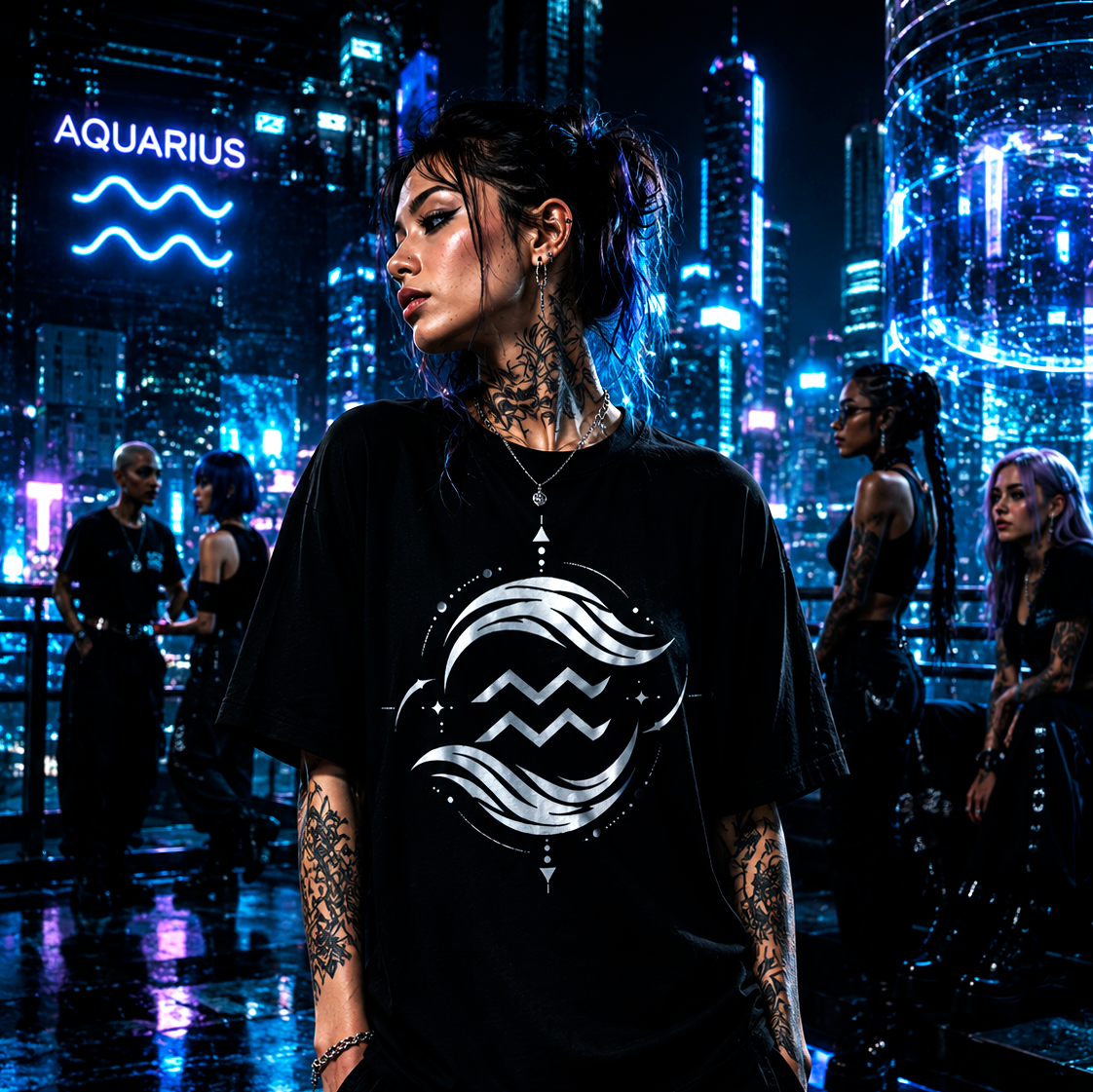 Modelo urbano vistiendo camiseta negra geométrica Acuario estilo cyberpunk
