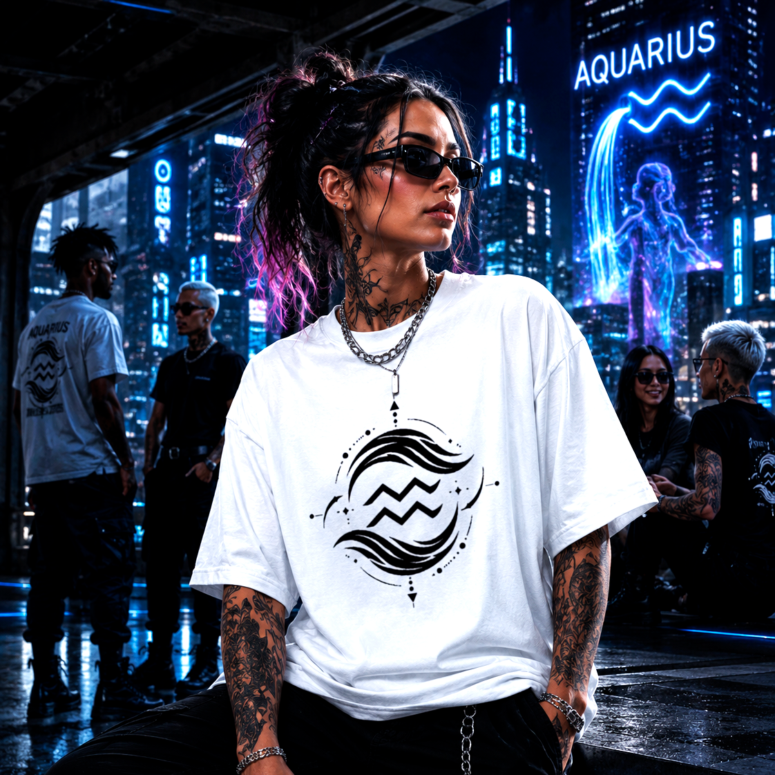 Camiseta blanca geométrica Acuario con símbolo zodiacal minimalista negro