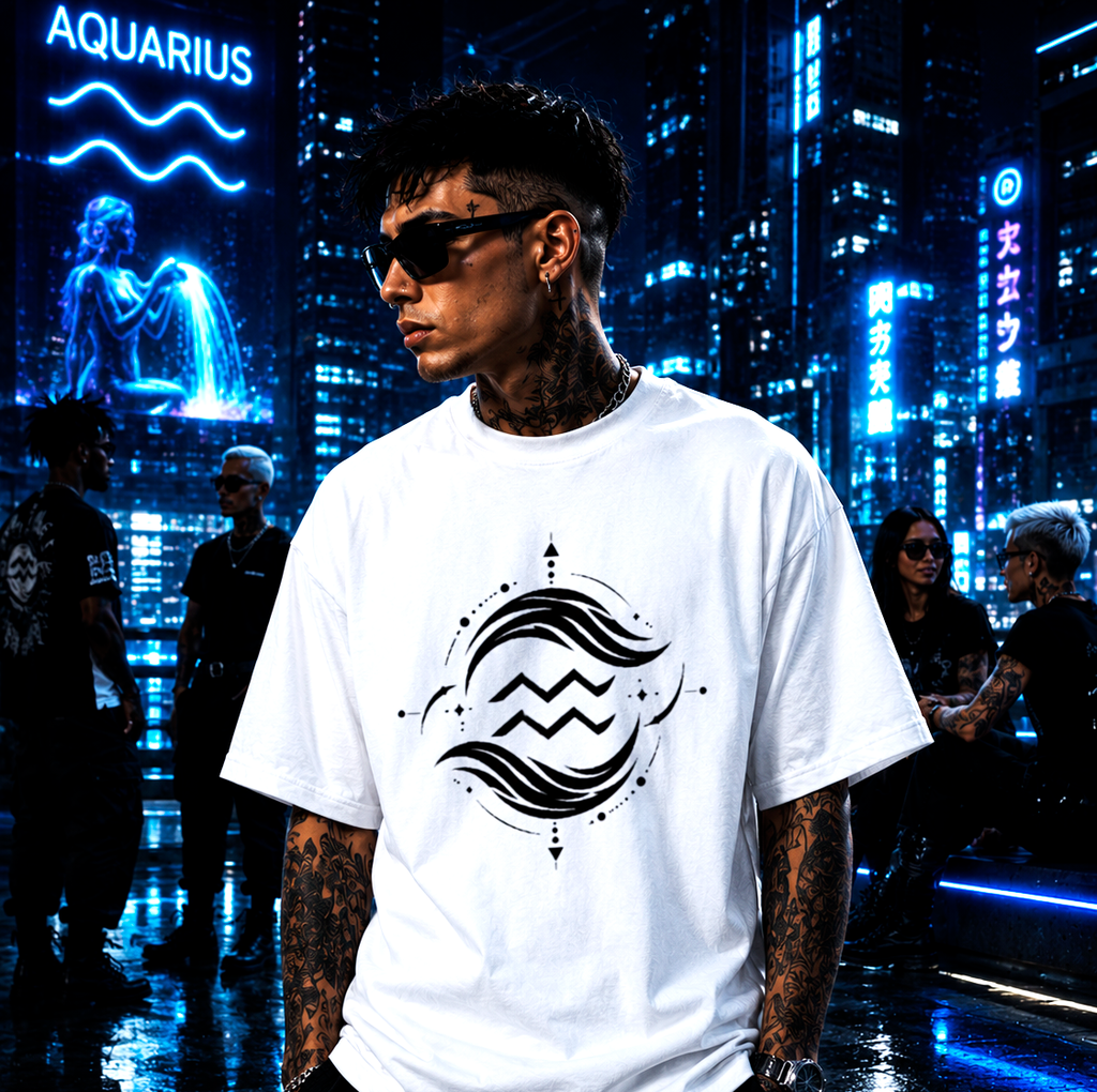 Modelo urbano vistiendo camiseta blanca geométrica Acuario estilo futurista