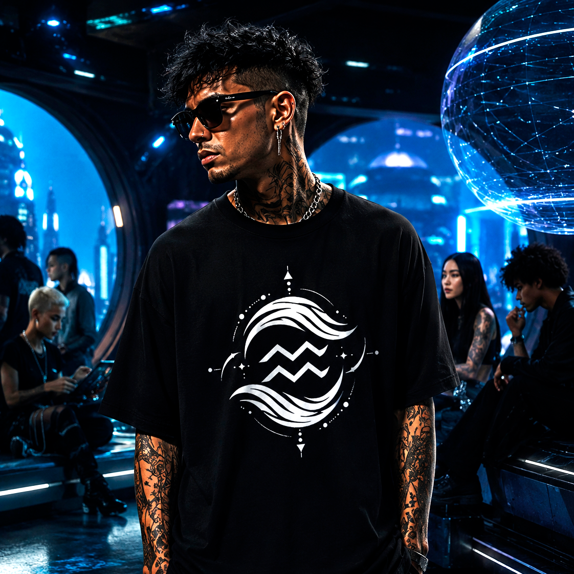 Camiseta negra unisex Acuario con diseño geométrico astral minimalista