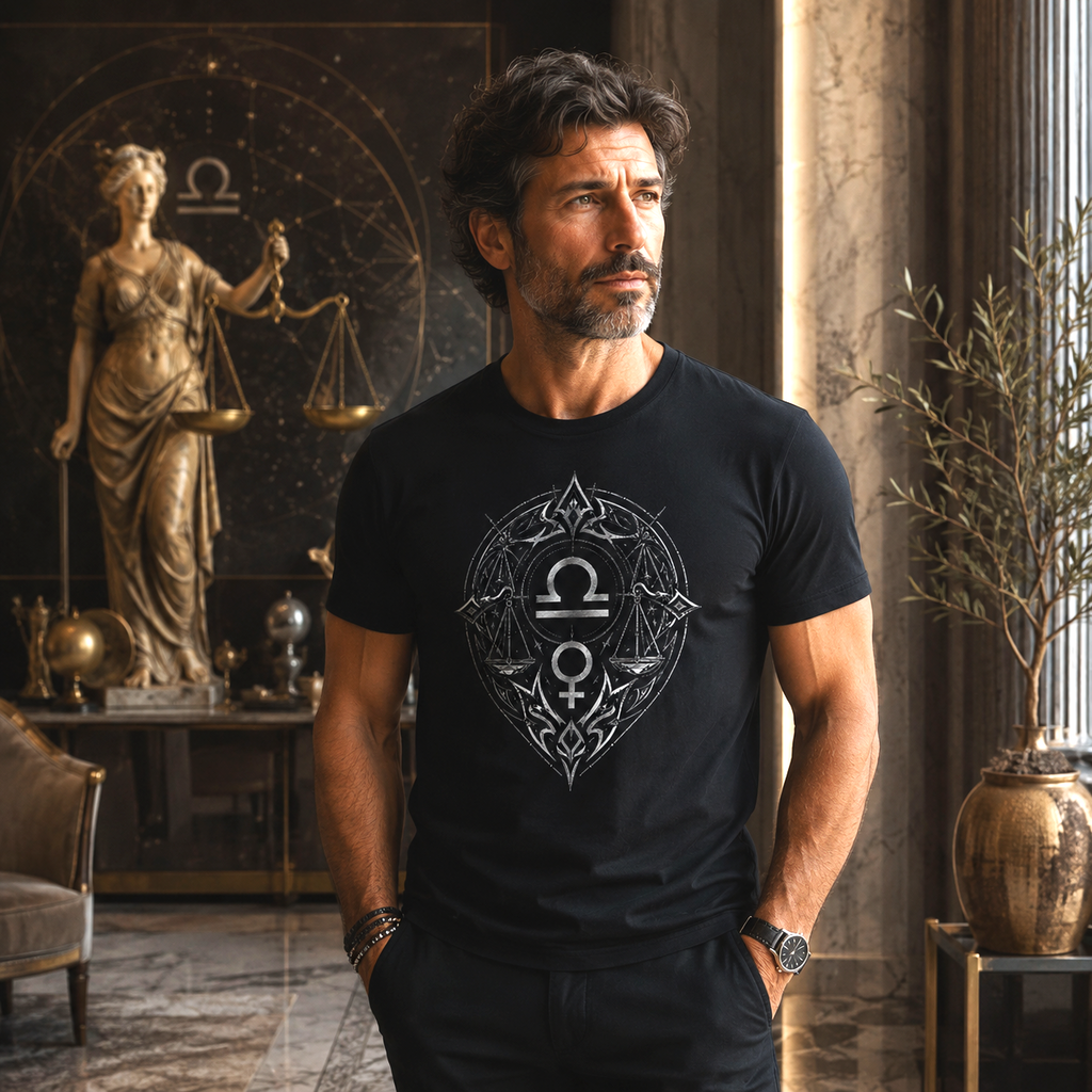 Hombre vistiendo Camiseta Negra Libra Tribal en ambiente de inspiración clásica y astrológica