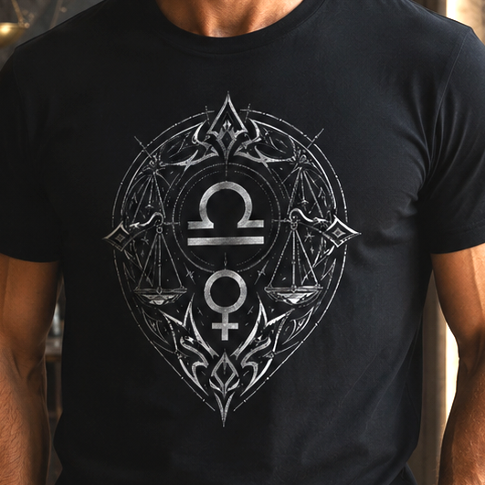 Detalle del diseño tribal simétrico de Libra sobre camiseta negra