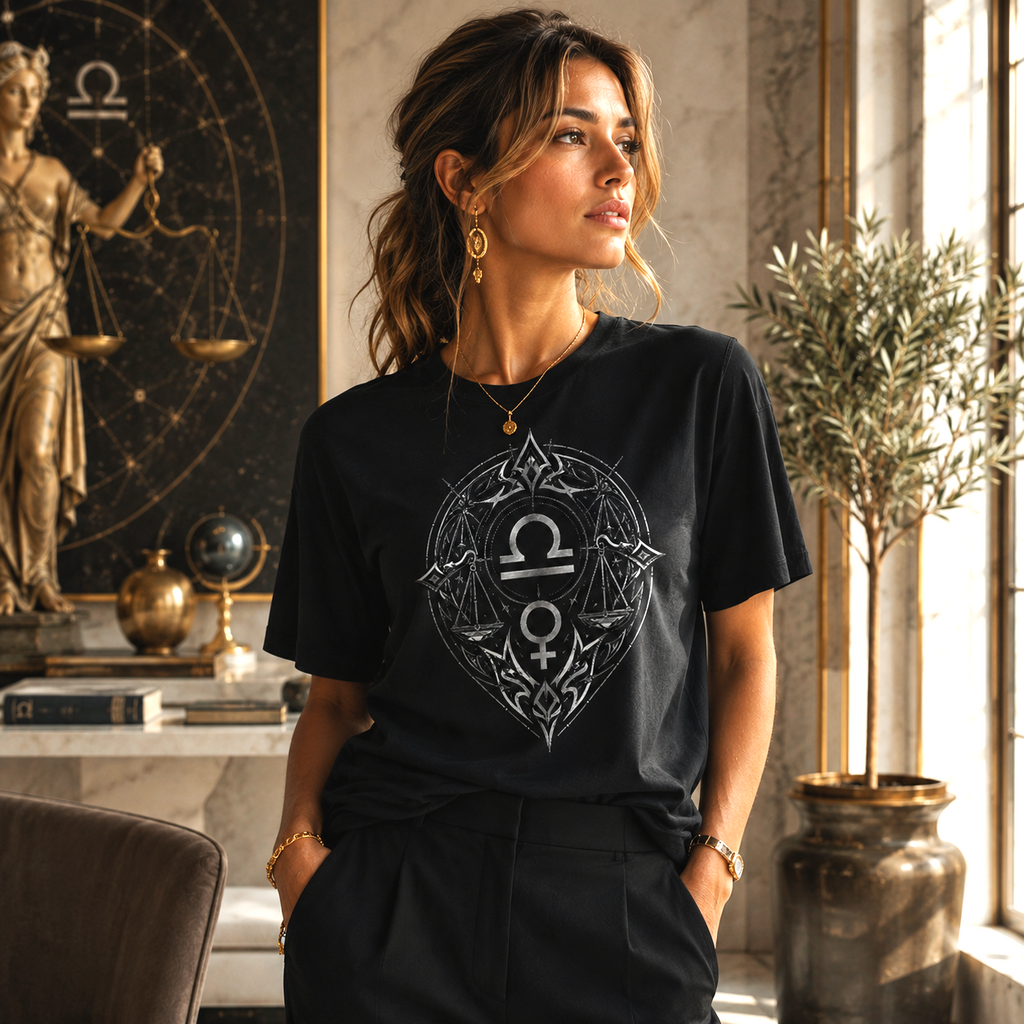 Mujer vistiendo Camiseta Negra Libra Tribal con diseño zodiacal monocromático