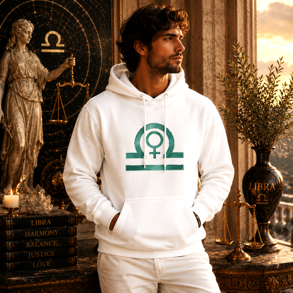 Hombre vistiendo Hoodie Blanco Libra Símbolos con glifo zodiacal verde