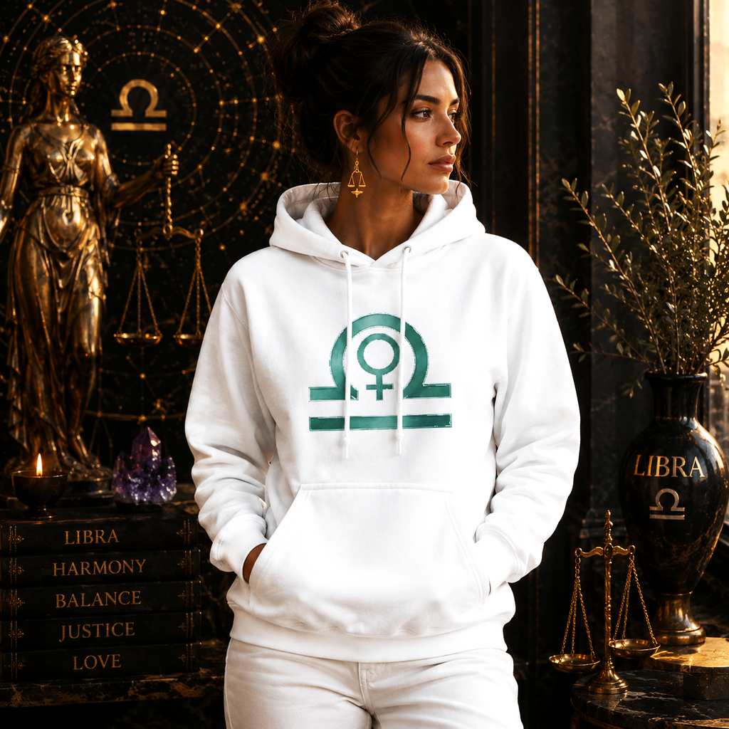 Mujer con Hoodie Blanco Libra Símbolos en ambientación artística de Astrálisis