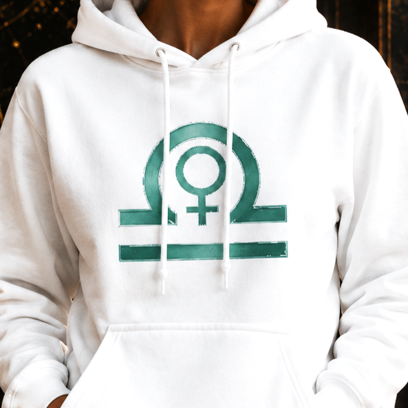 Detalle frontal del Hoodie Blanco Libra Símbolos con diseño zodiacal verde
