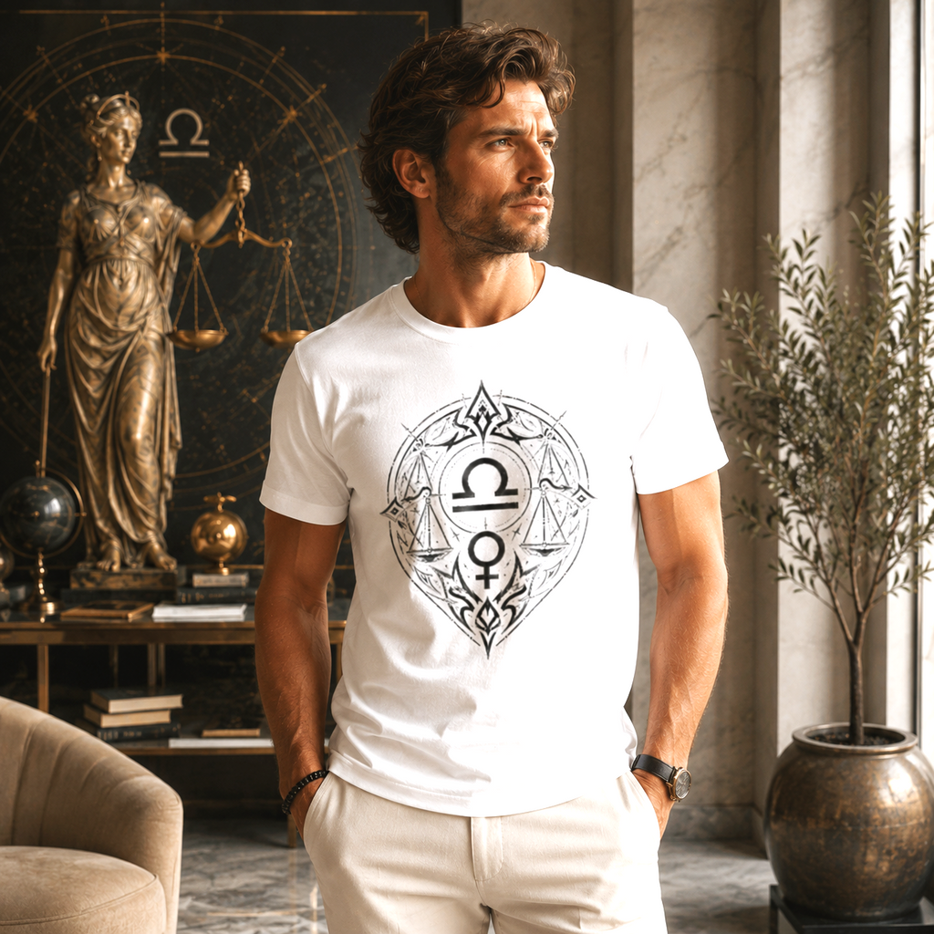 Hombre vistiendo Camiseta Blanca Libra Tribal con diseño astrológico simétrico