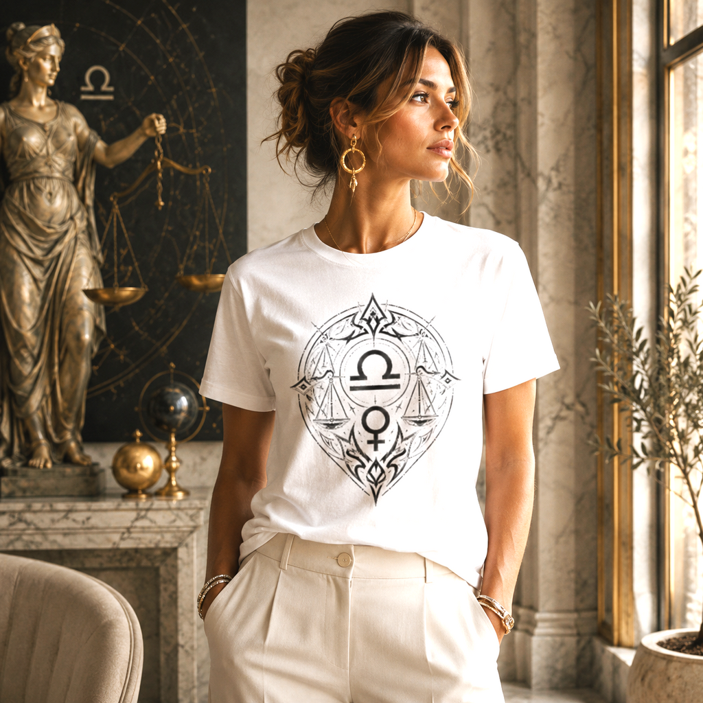 Mujer vistiendo Camiseta Blanca Libra Tribal en ambiente elegante de inspiración astrológica