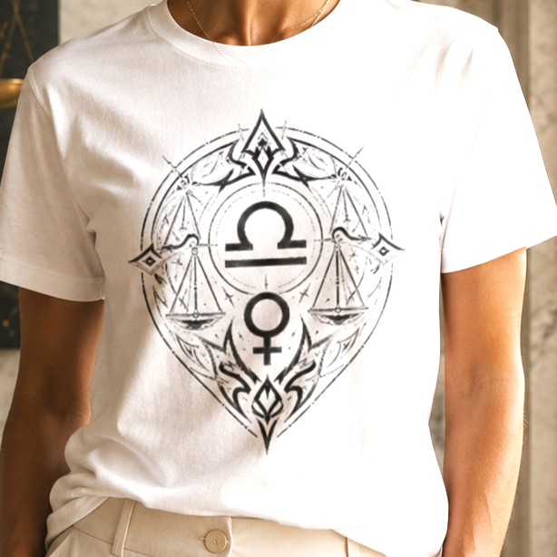 Detalle frontal de Camiseta Blanca Libra Tribal con símbolo zodiacal de Libra
