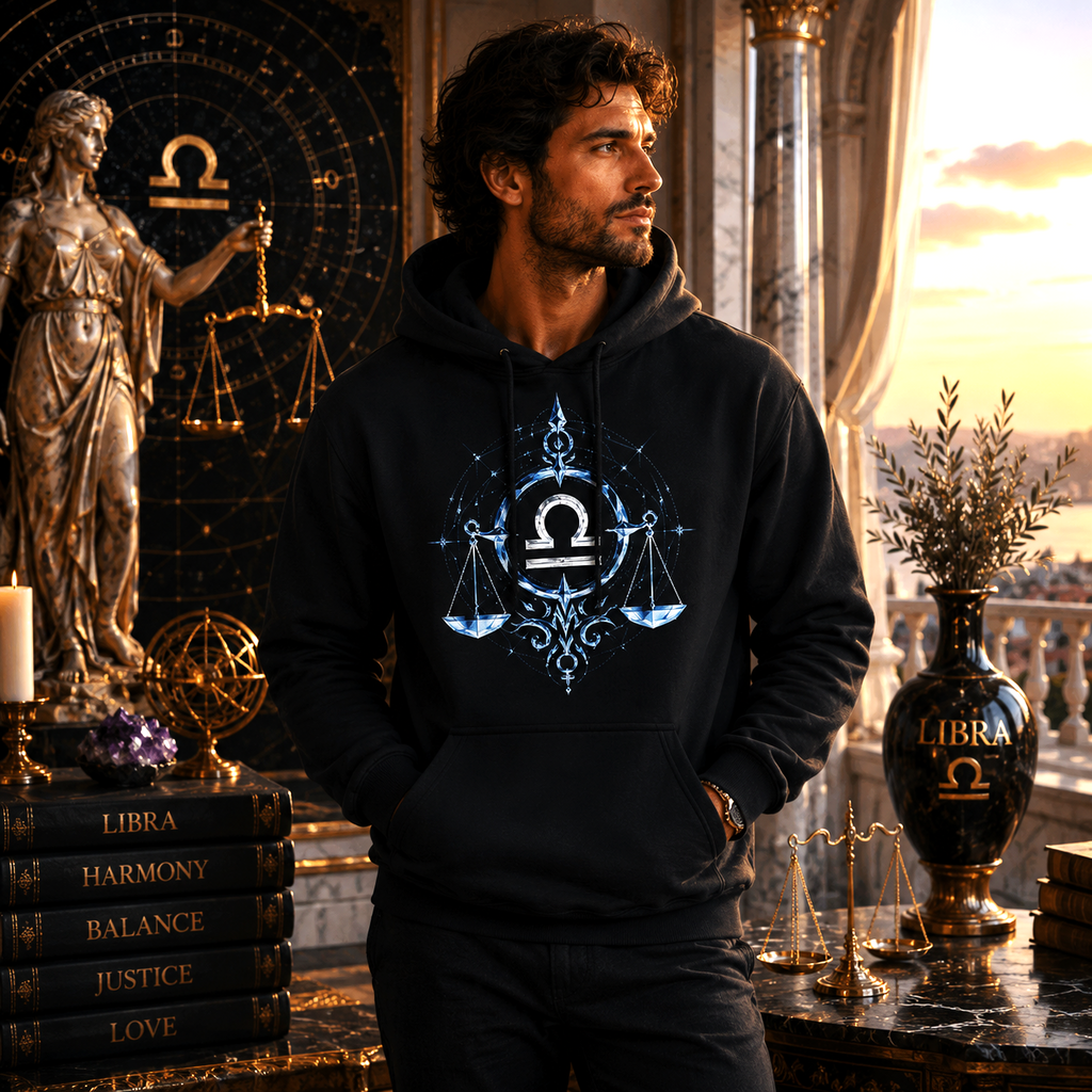 Hombre vistiendo Hoodie Negro Libra Geometría Azul en ambiente zodiacal