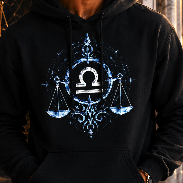 Detalle de balanza y geometría azul del Hoodie Negro Libra