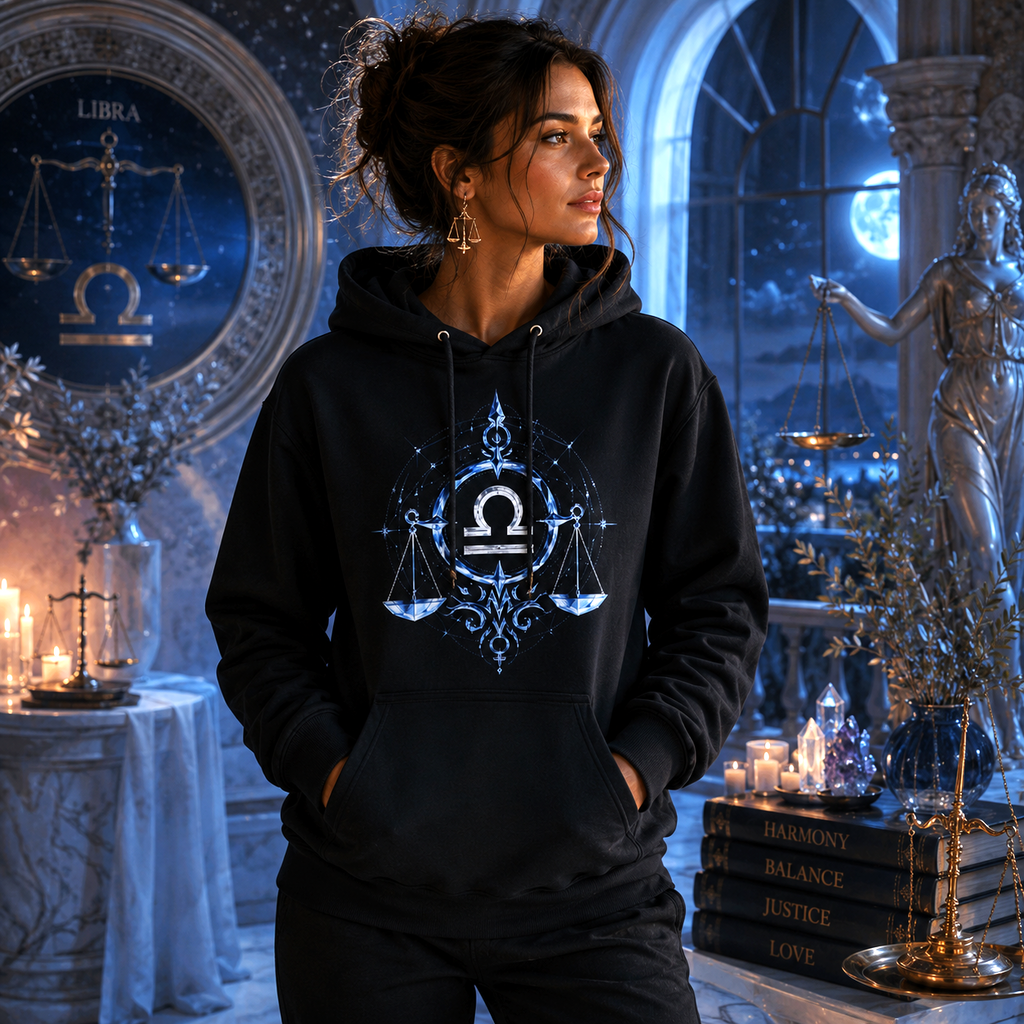 Modelo femenino con Hoodie Negro Libra Geometría Azul de Astrálisis