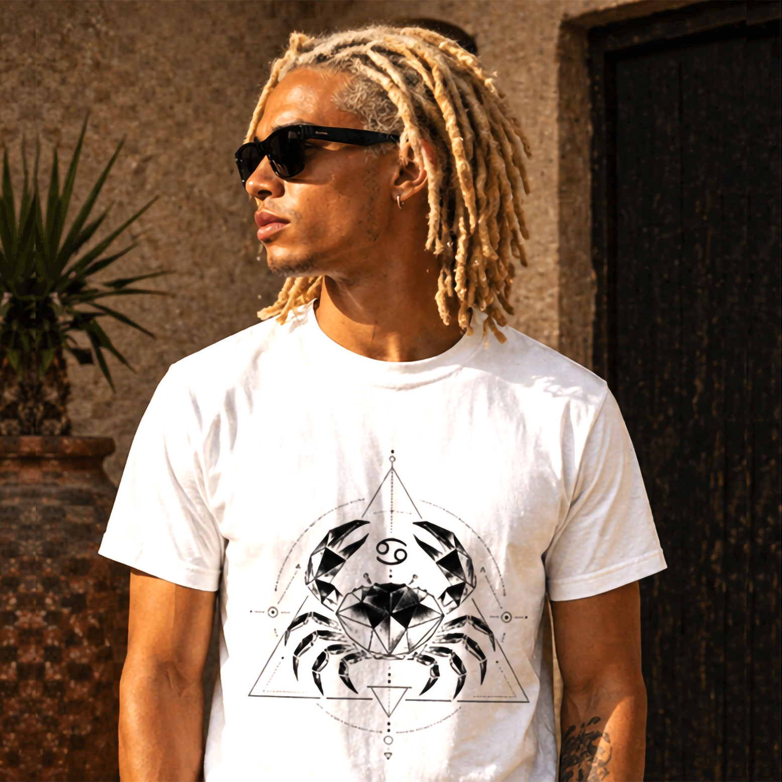 camiseta blanca cancer geometria lunar modelo hombre luz natural