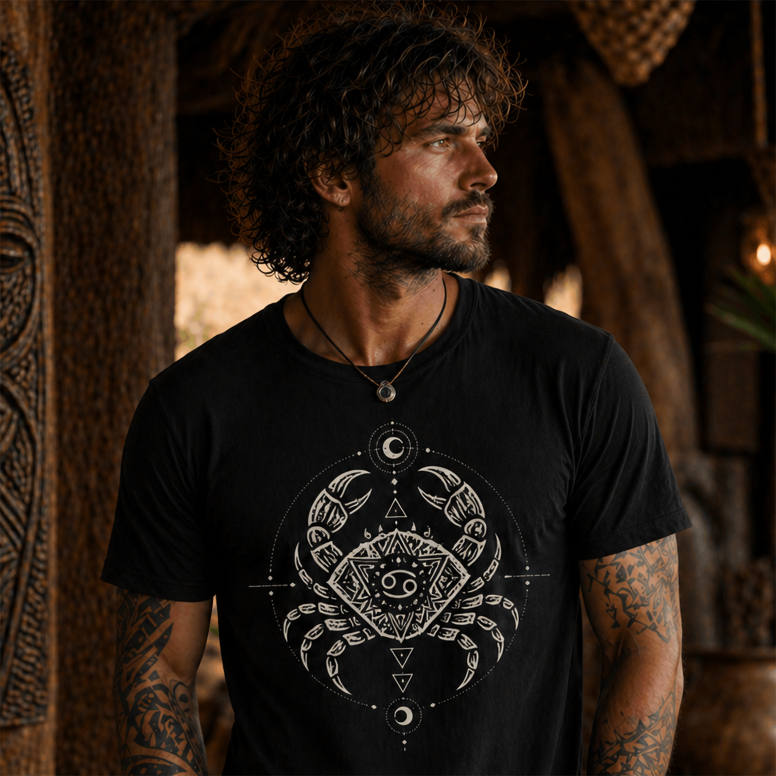 camiseta negra cancer fuerza tribal modelo hombre urbano