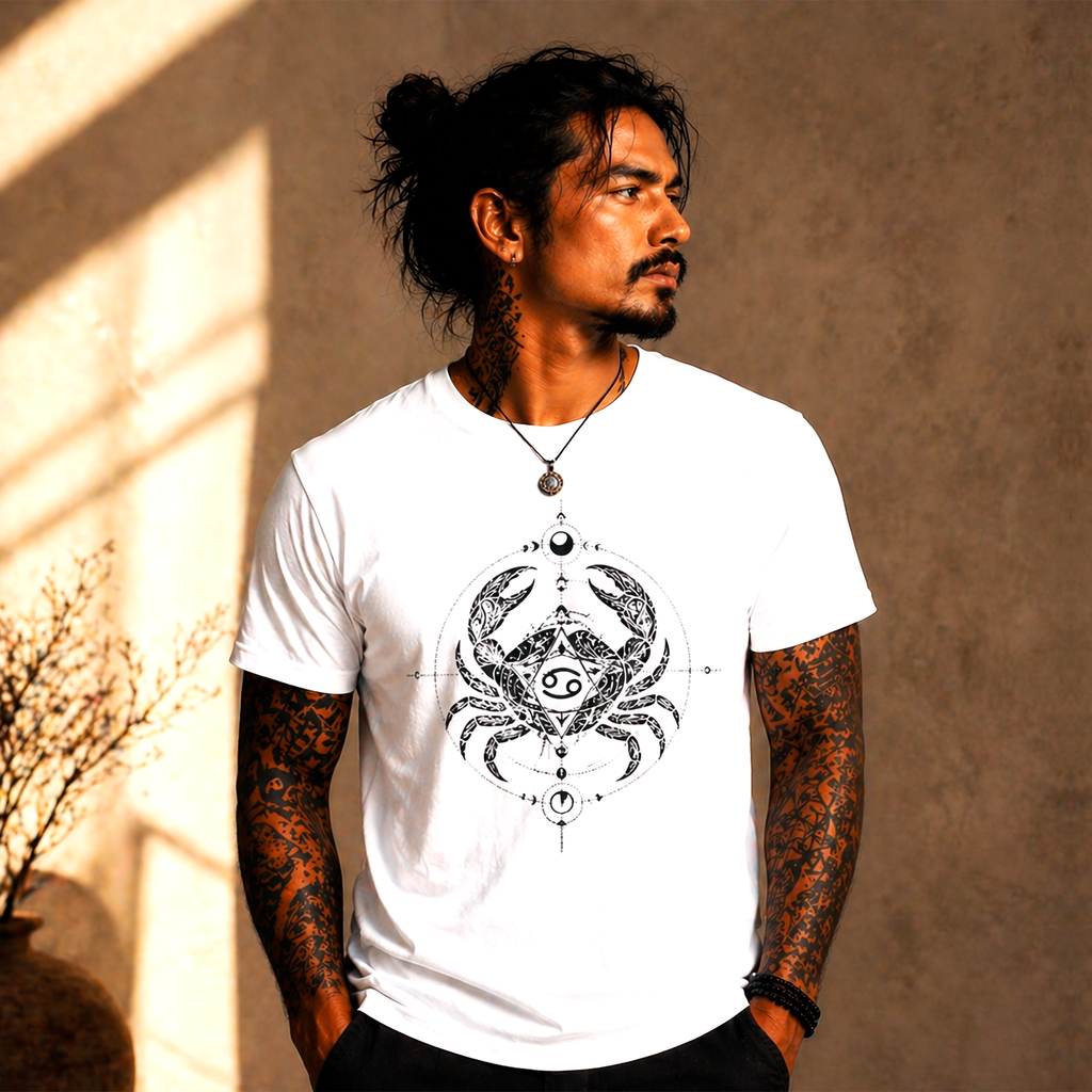 camiseta blanca cancer fuerza tribal modelo hombre editorial