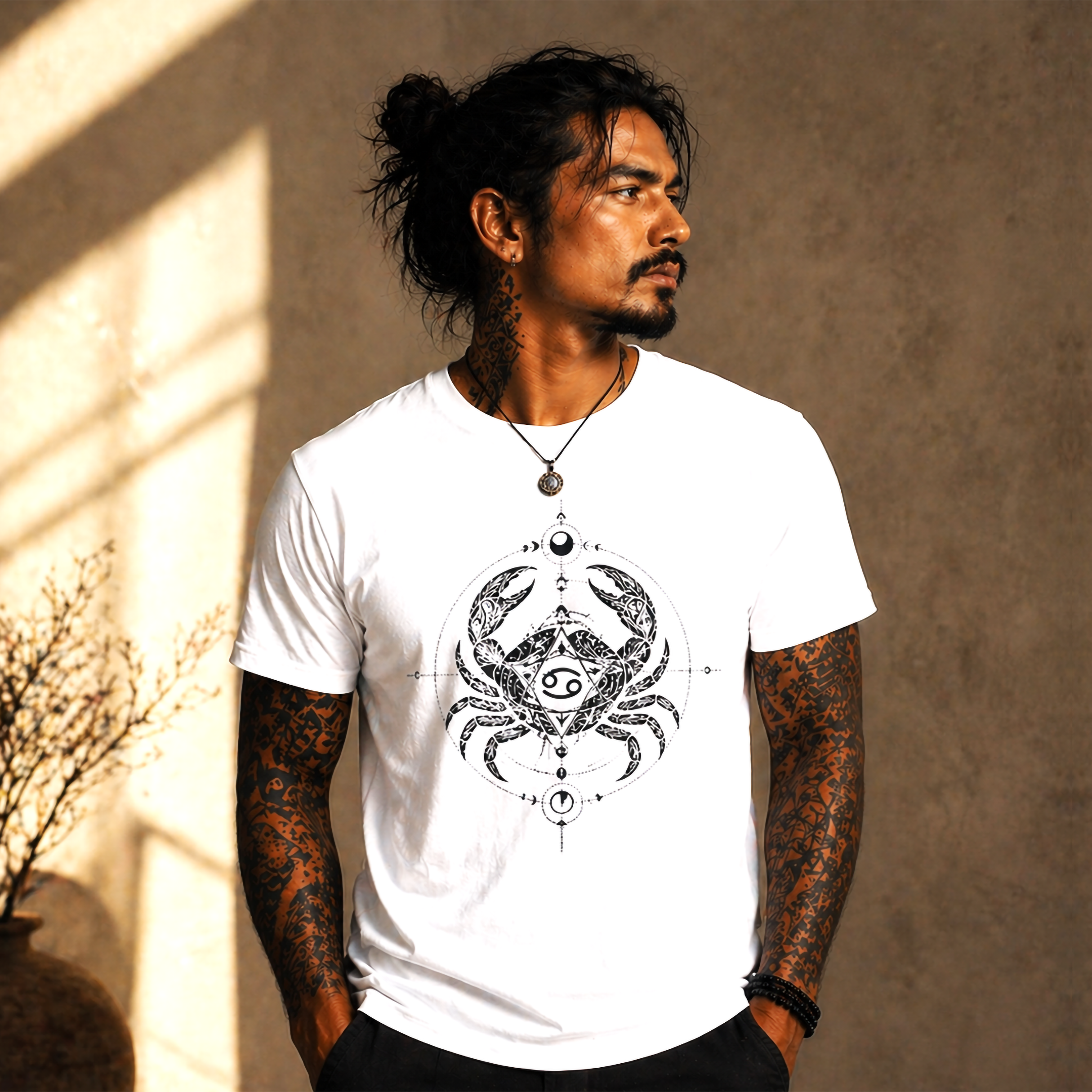 camiseta blanca cancer fuerza tribal modelo hombre editorial