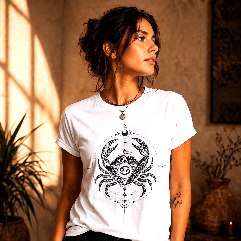 camiseta blanca cancer diseño tribal modelo mujer luz natural