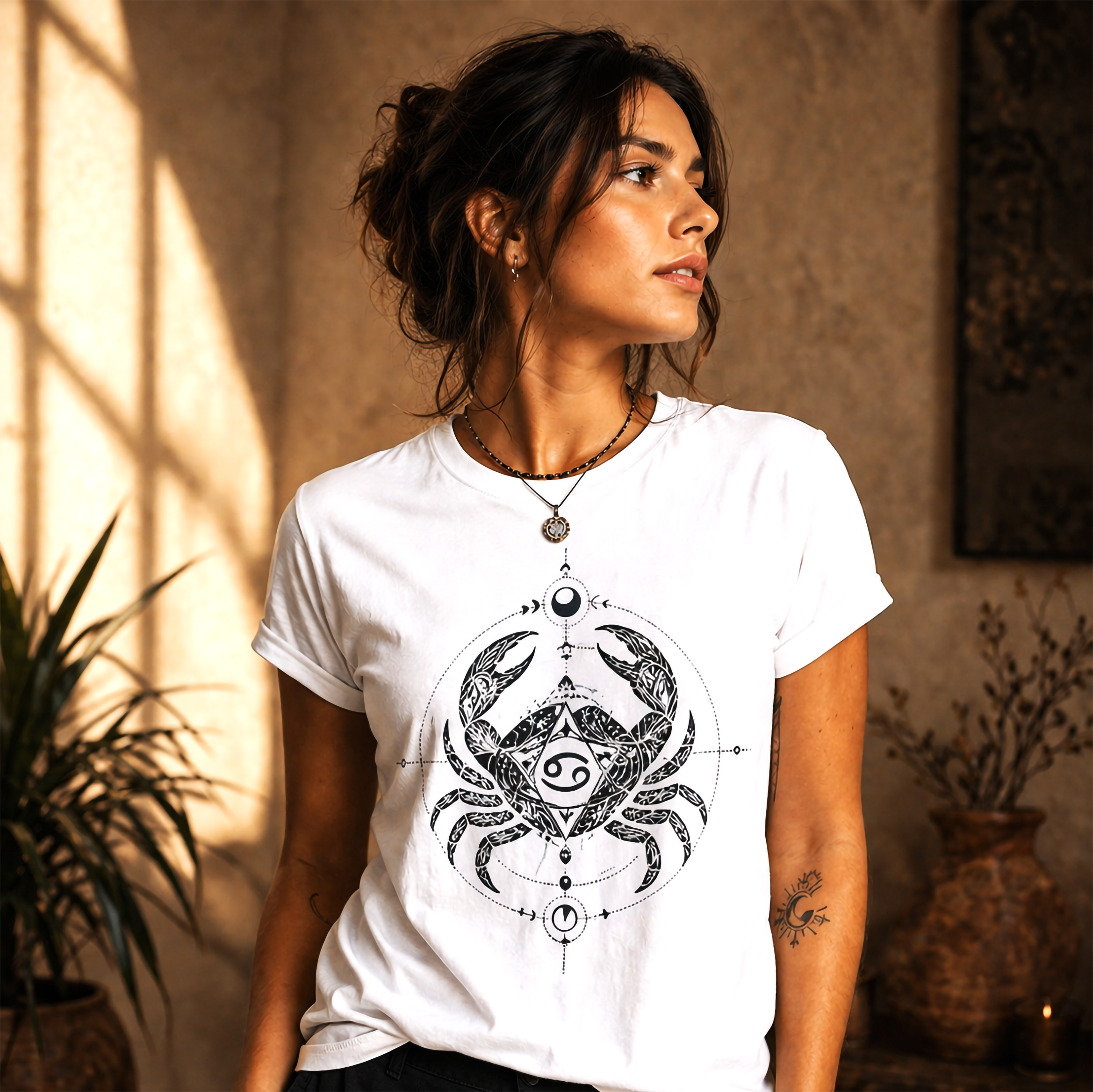 camiseta blanca cancer diseño tribal modelo mujer luz natural