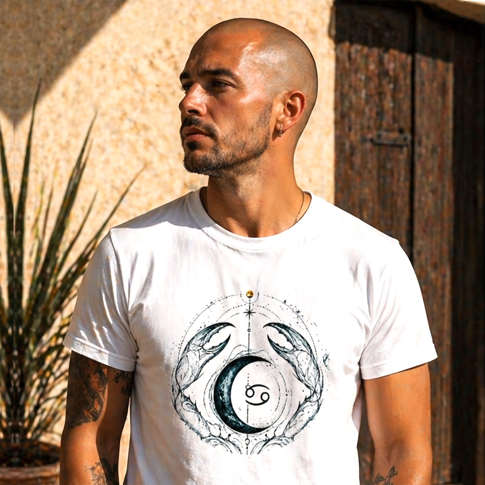 camiseta blanca cancer diseño lunar modelo mujer luz natural