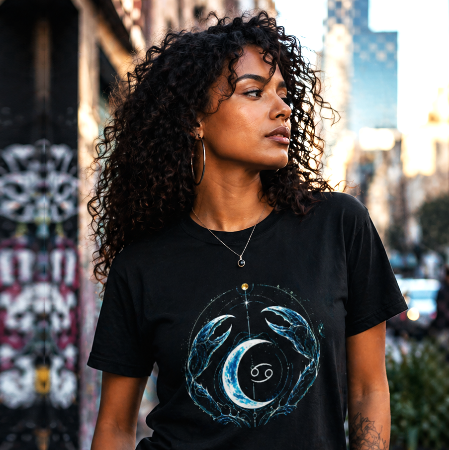 camiseta negra cáncer diseño lunar modelo mujer editorial