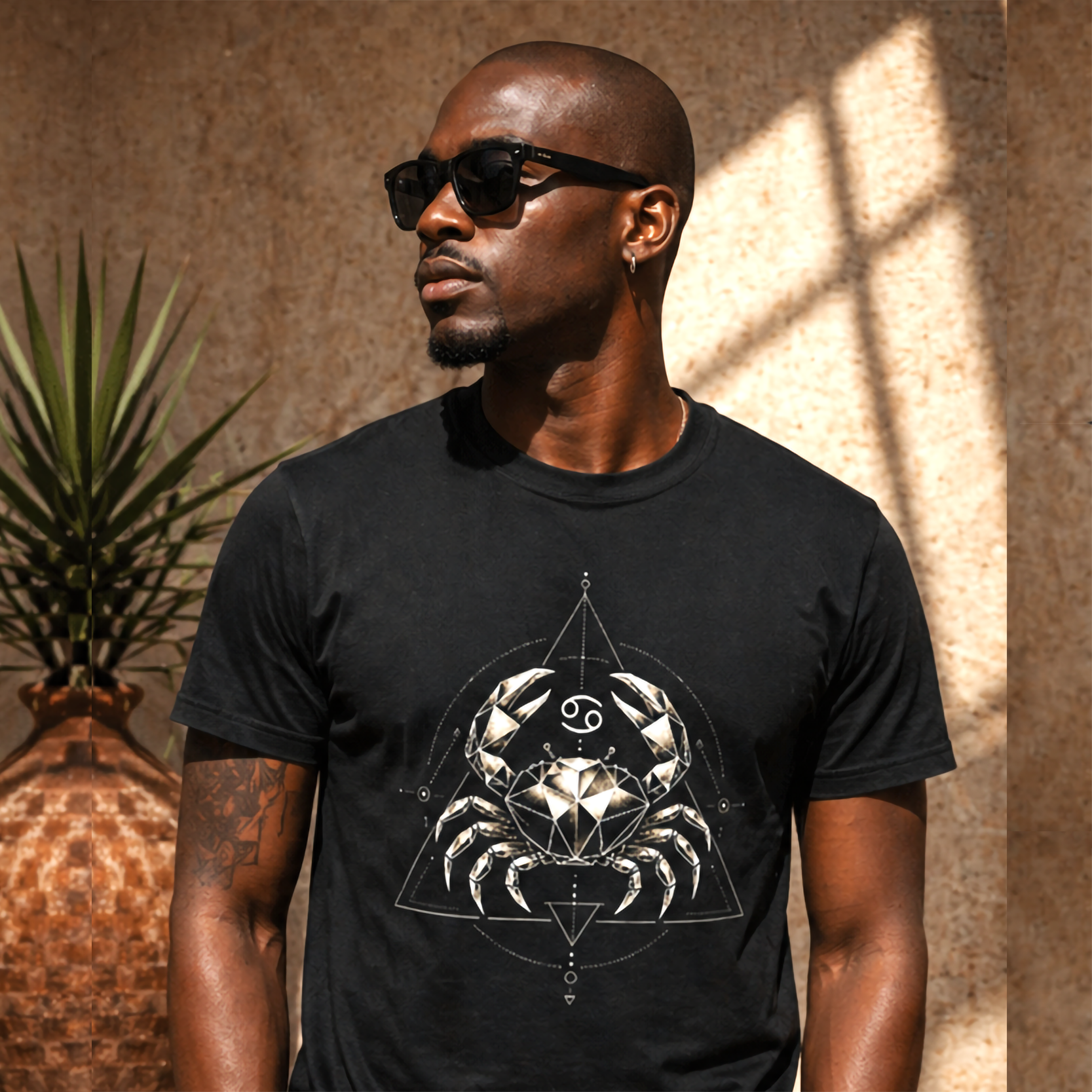 camiseta negra cancer geometria lunar modelo hombre editorial