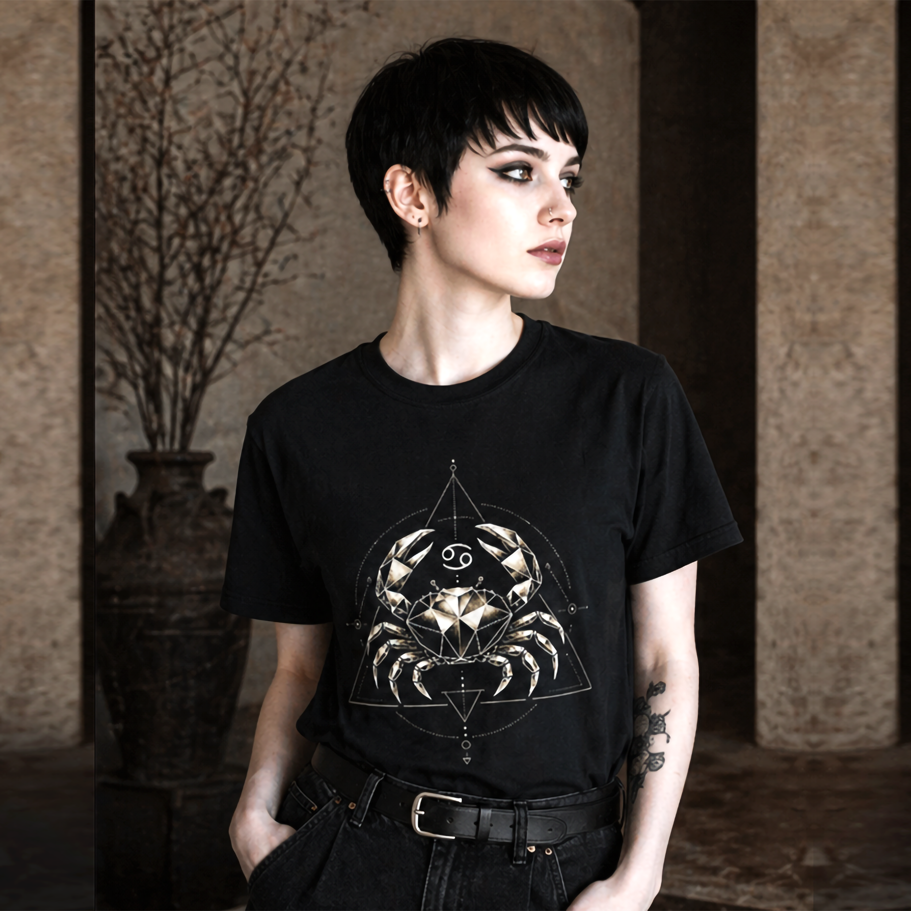 camiseta negra cancer diseño geometrico modelo mujer estilo minimalista