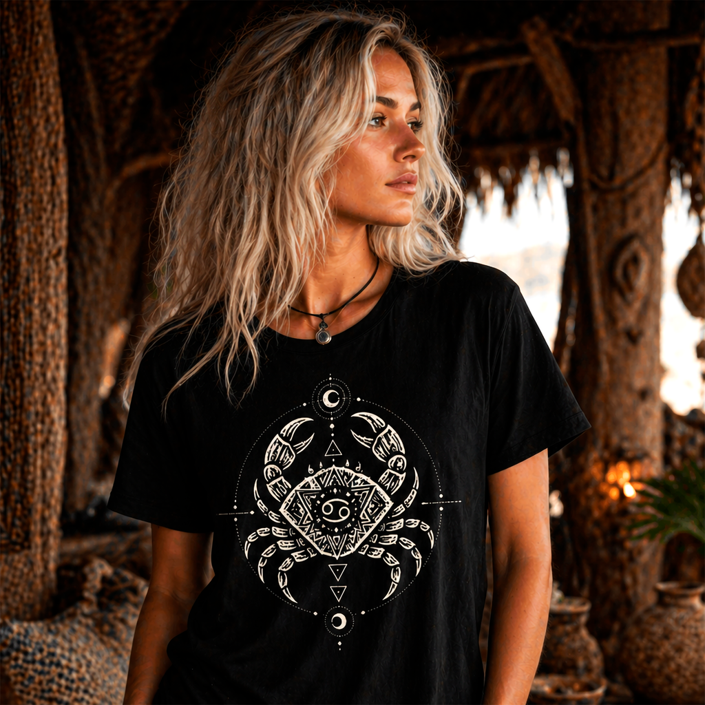 camiseta negra cancer diseño tribal modelo mujer editorial