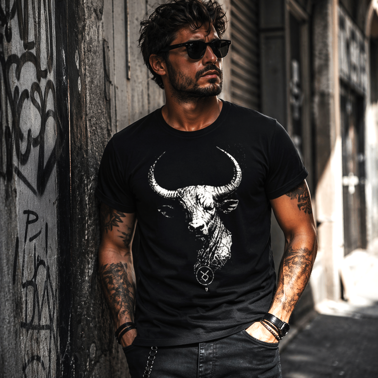 camiseta negra tauro hombre estilo urbano diseño minimalista