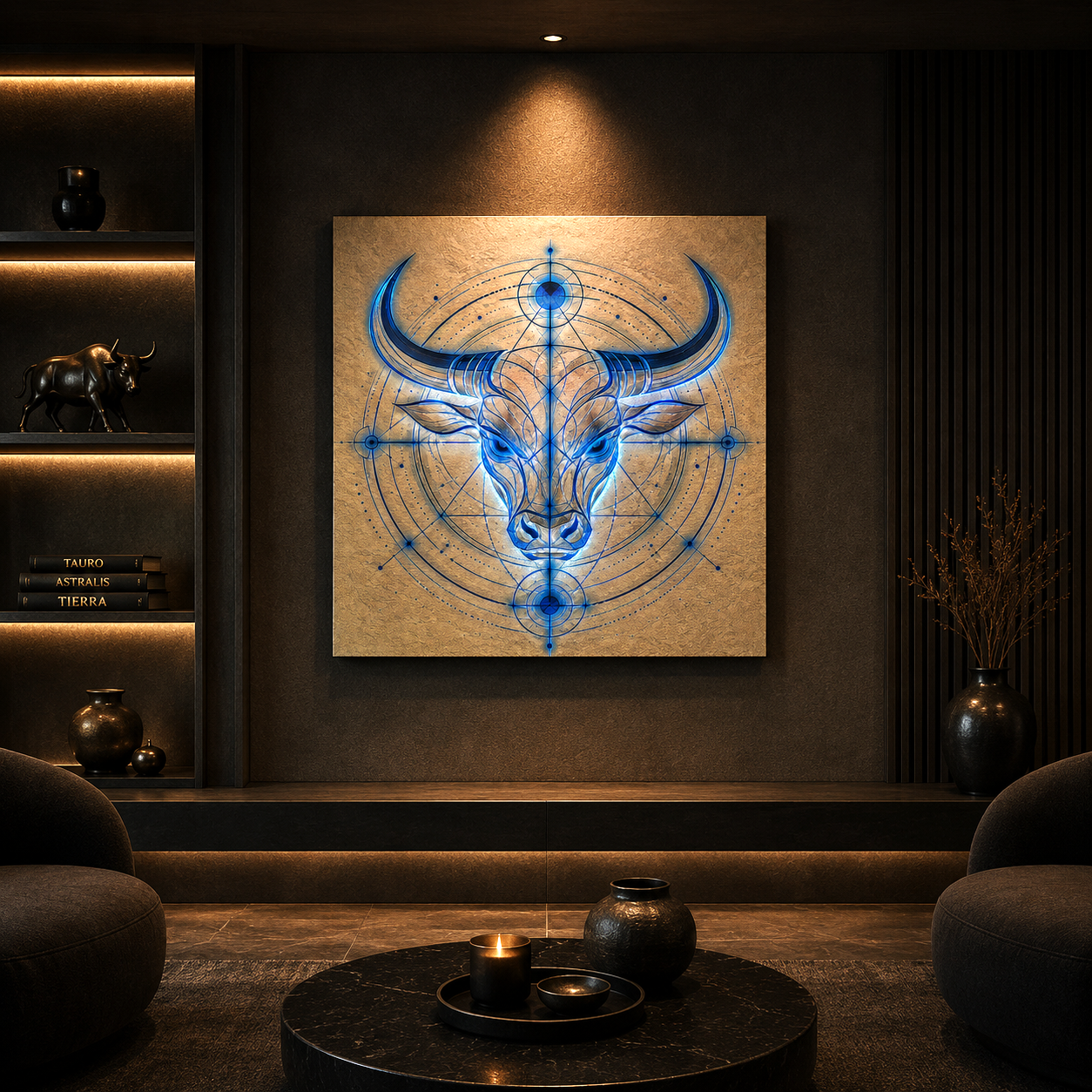 Canvas Fine Art Toro Azul exhibido en interior contemporáneo con iluminación cálida y decoración elegante.