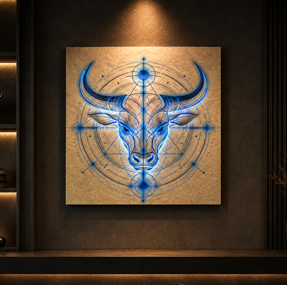 Canvas Fine Art Toro Azul con ilustración geométrica de toro zodiacal en tonos azules sobre fondo claro.