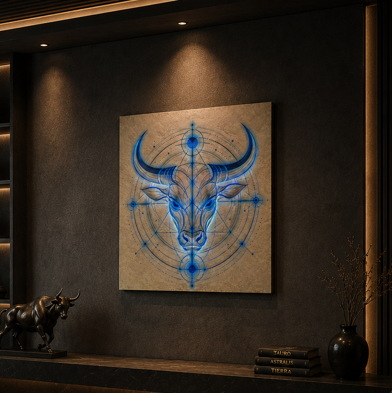 Arte mural Tauro Toro Azul de Astrálisis colocado en espacio residencial de diseño contemporáneo.