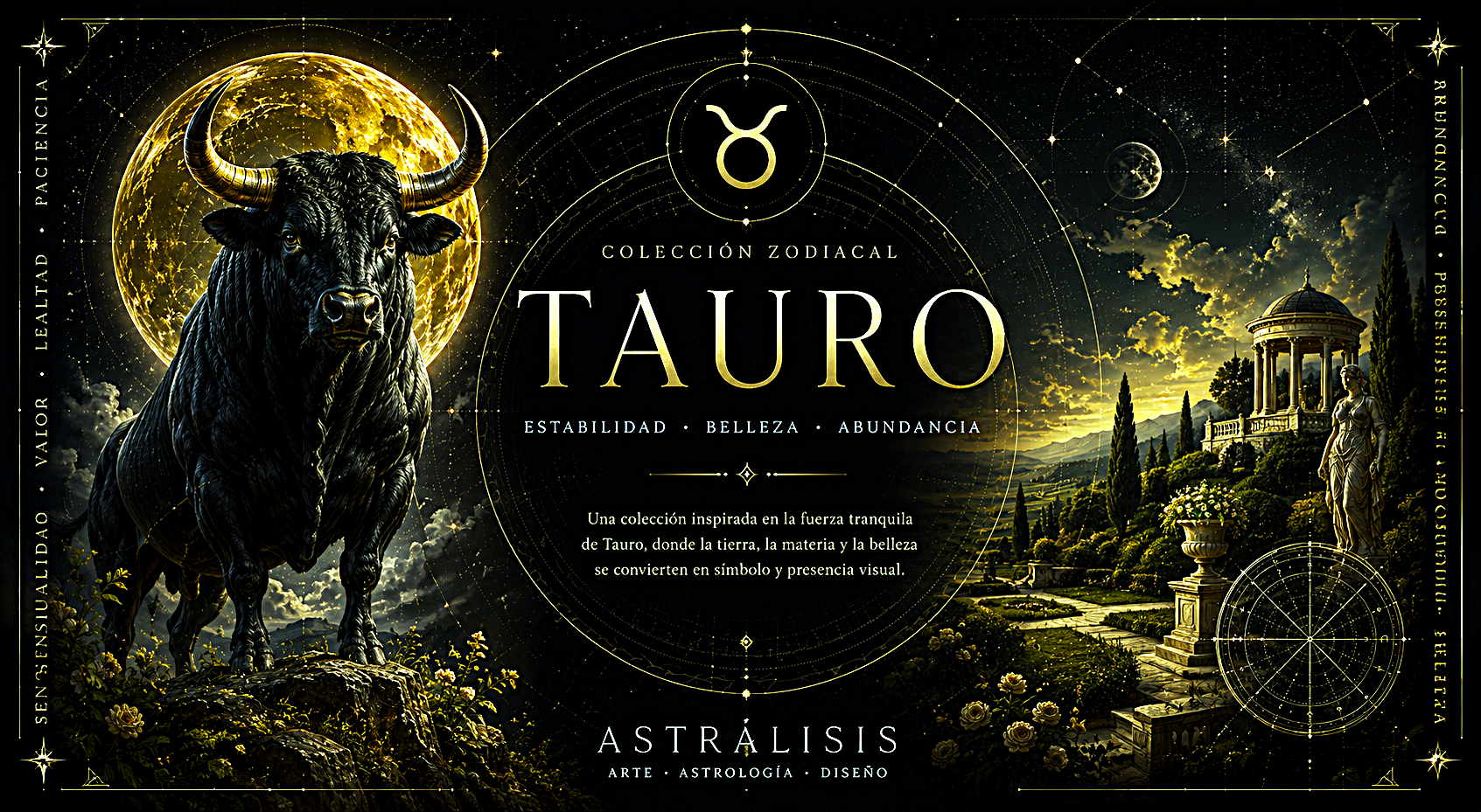 Carátula colección Tauro Astrálisis con toro zodiacal, símbolo de Venus y paisaje inspirado en la energía de la estabilidad y la abundancia.