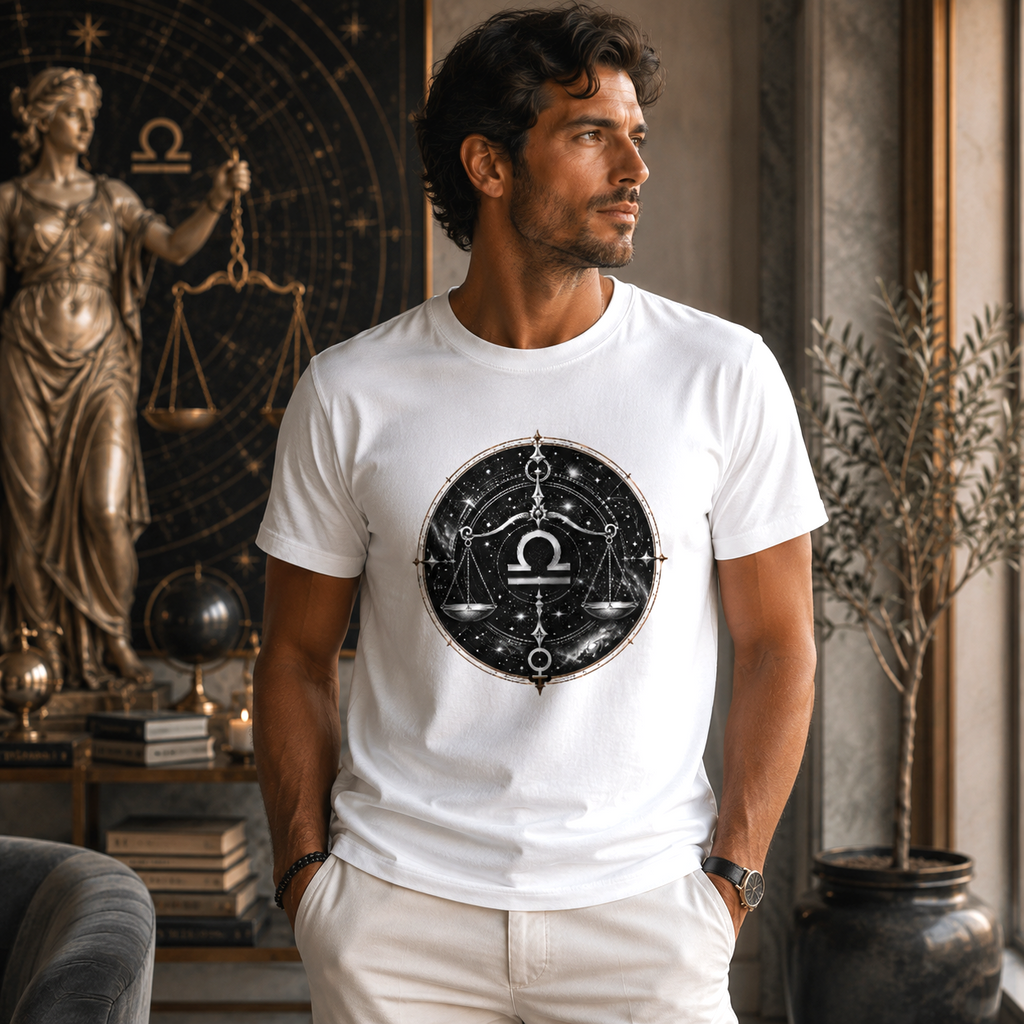 Hombre vistiendo Camiseta Blanca Libra Universal con diseño zodiacal negro