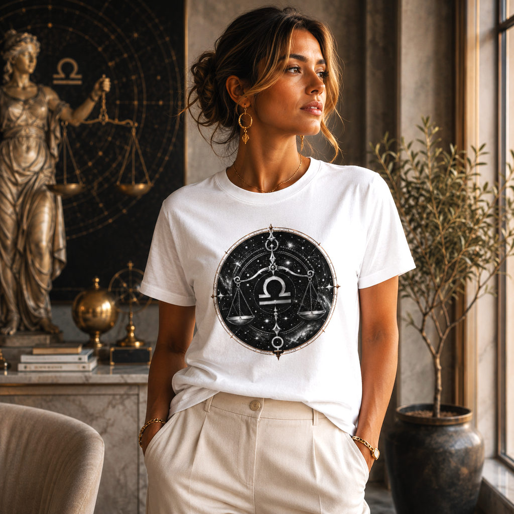 Mujer vistiendo Camiseta Blanca Libra Universal en ambiente de inspiración astrológica