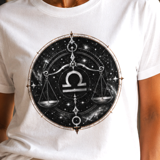 Detalle del diseño circular negro de Libra Universal sobre camiseta blanca