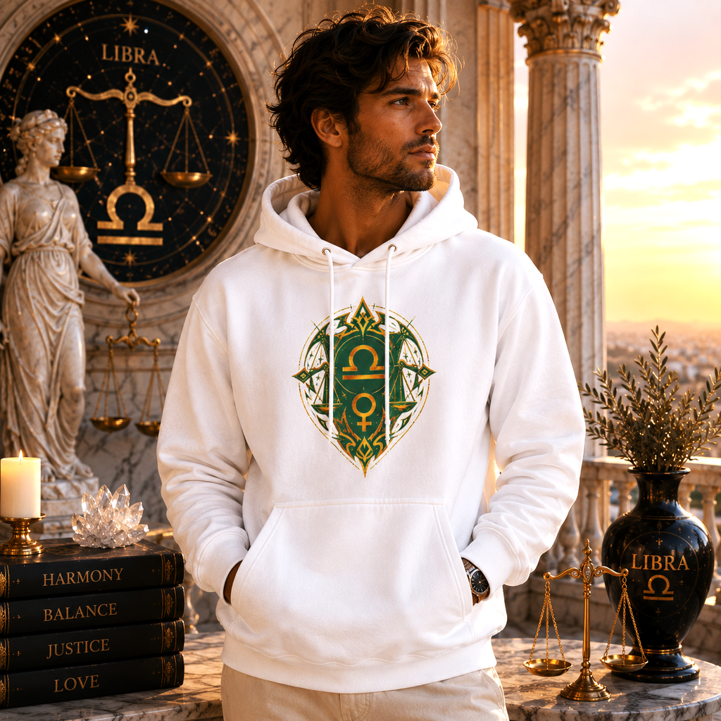 Hombre vistiendo Hoodie Blanco Libra Geometría Dorada y Jade de Astrálisis