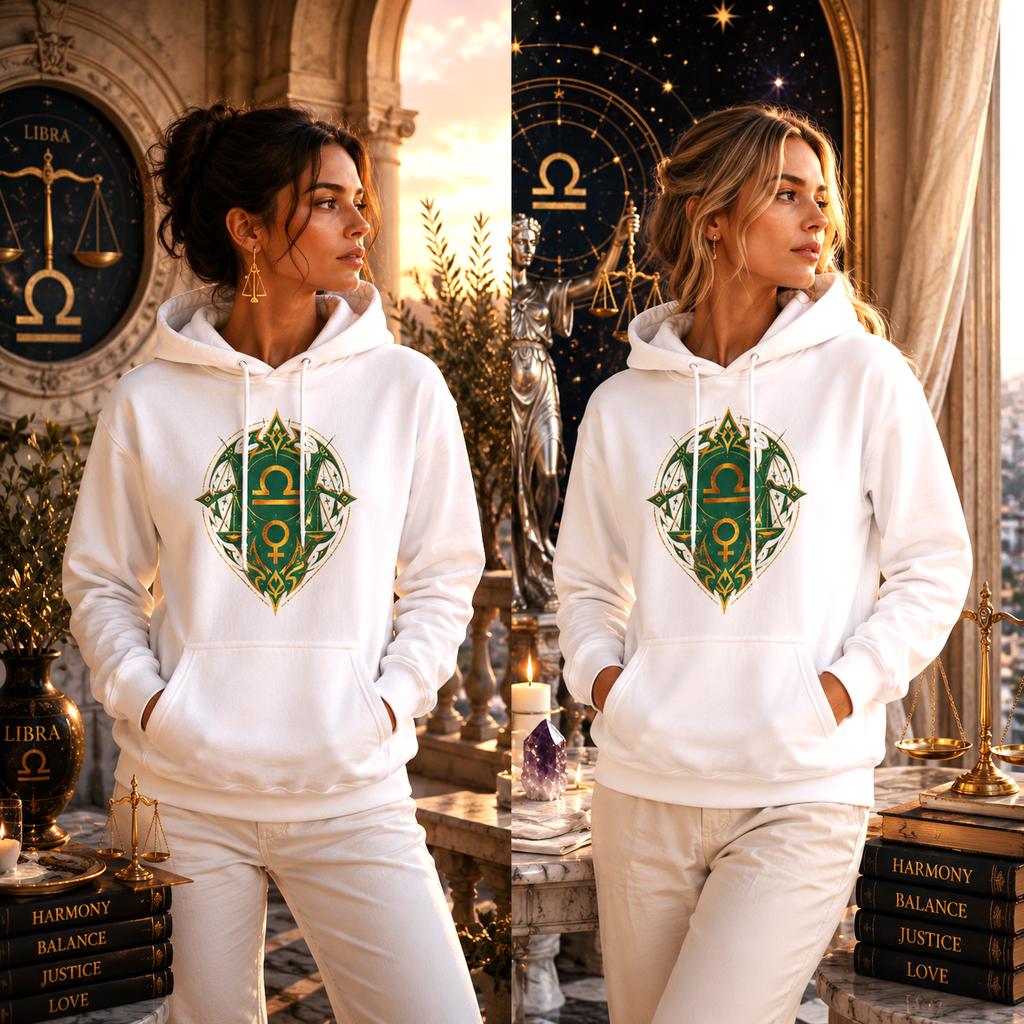 Dos mujeres con Hoodie Blanco Libra Geometría Dorada y Jade en ambiente zodiacal