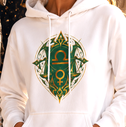 Detalle del diseño jade y dorado del Hoodie Blanco Libra