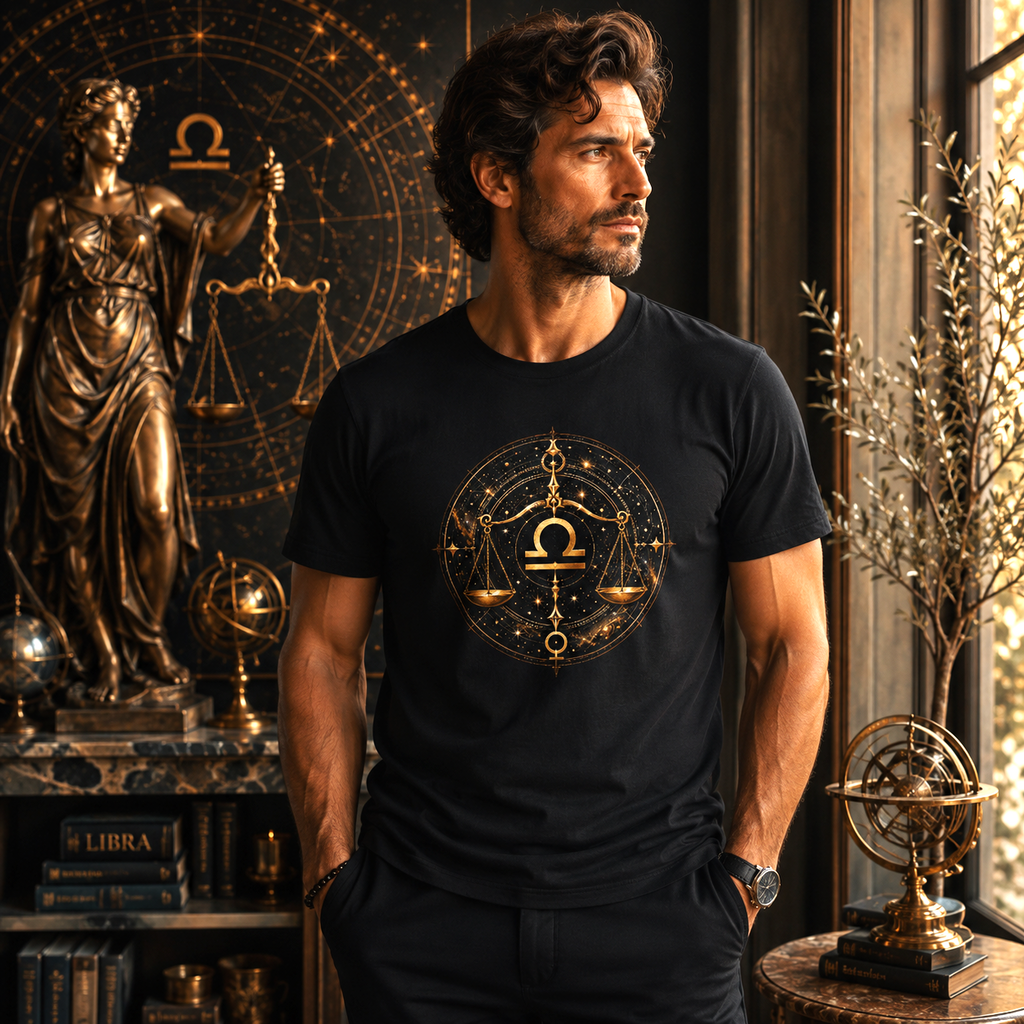 Hombre con Camiseta Negra Libra Universal y diseño zodiacal dorado de Astrálisis