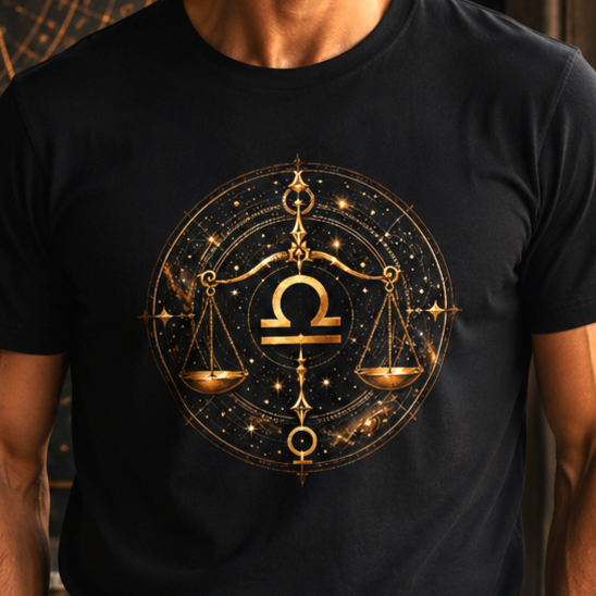 Detalle del diseño dorado de Libra Universal sobre camiseta negra